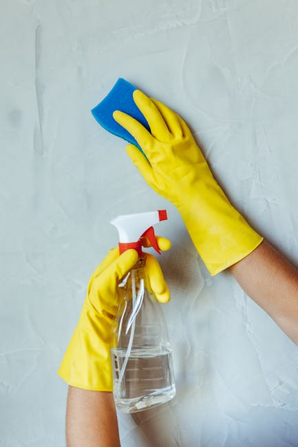 Close-up of a person's hands wearing yellow rubber gloves cleaning a light-colored wall with a blue sponge, while holding a spray bottle filled with cleaning solution in the other hand. The scene depi